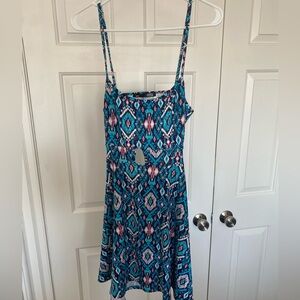 Blue/Teal geometric Patterned Dress w/Cut-outs